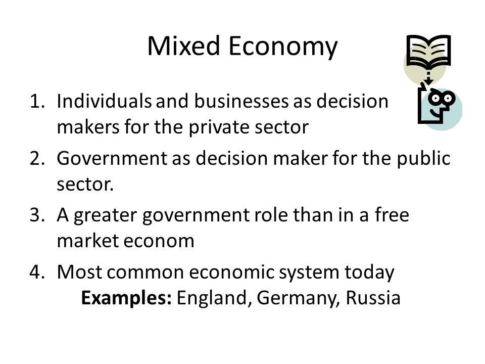 Mixed Economy Individuals and businesses as decision makers for the private sector. Government as decision maker for the public sector.