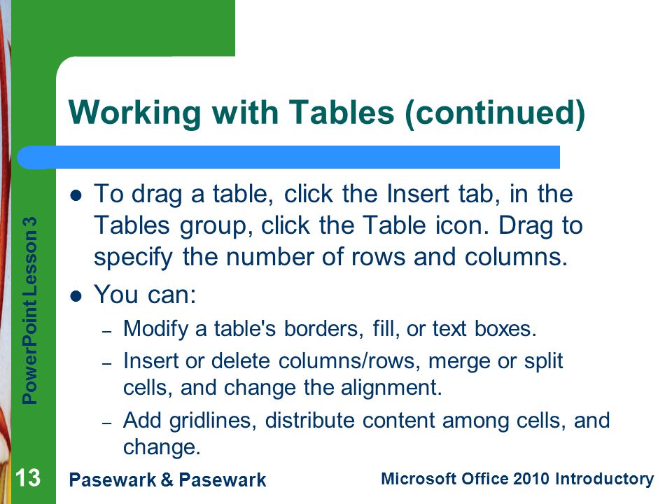Working with Tables (continued)