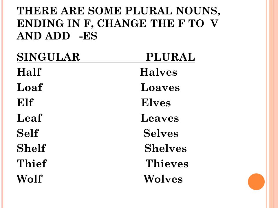 THERE ARE SOME PLURAL NOUNS, ENDING IN F, CHANGE THE F TO V AND ADD -ES