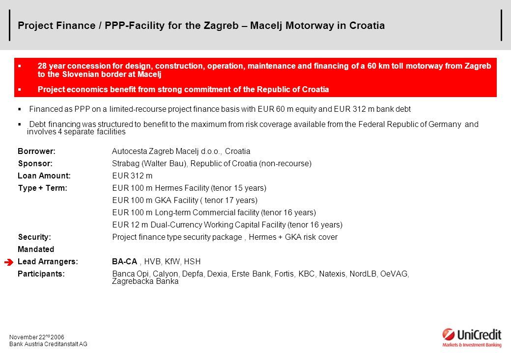 Project Finance / PPP-Facility for the Zagreb – Macelj Motorway in Croatia