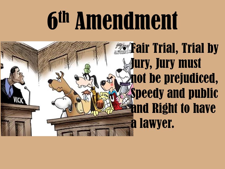 6th Amendment Fair Trial, Trial by Jury, Jury must not be prejudiced, Speedy and public and Right to have a lawyer.