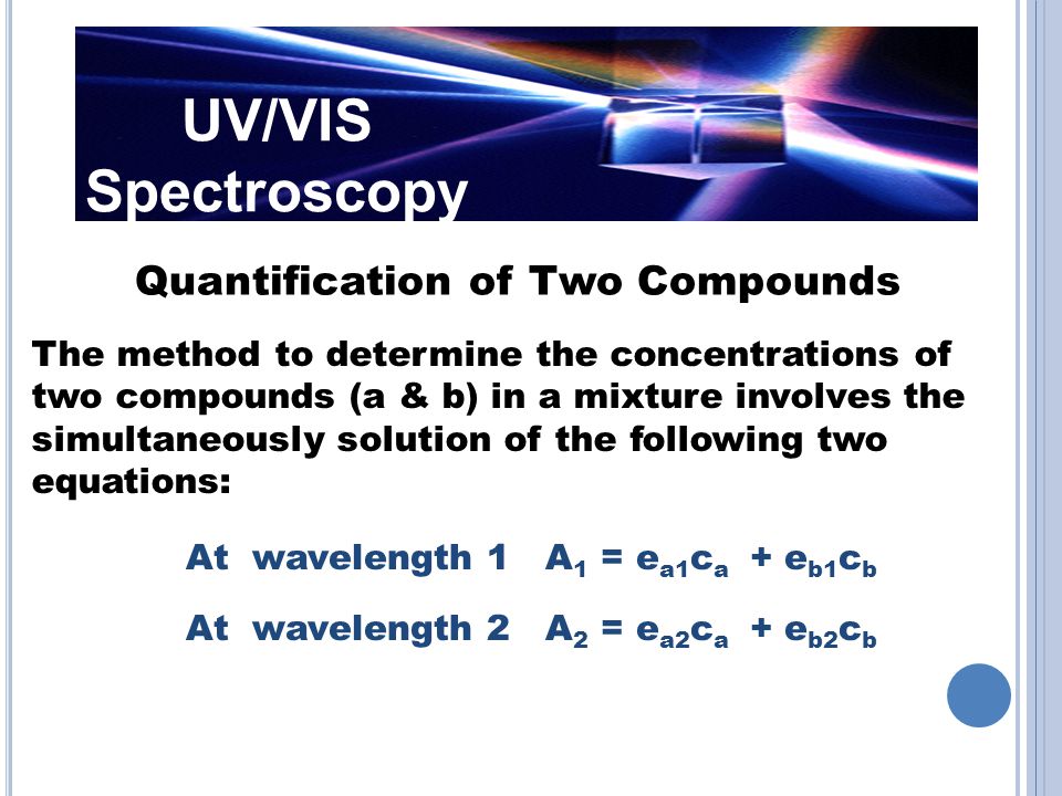 At wavelength 1 A1 = ea1ca + eb1cb At wavelength 2 A2 = ea2ca + eb2cb