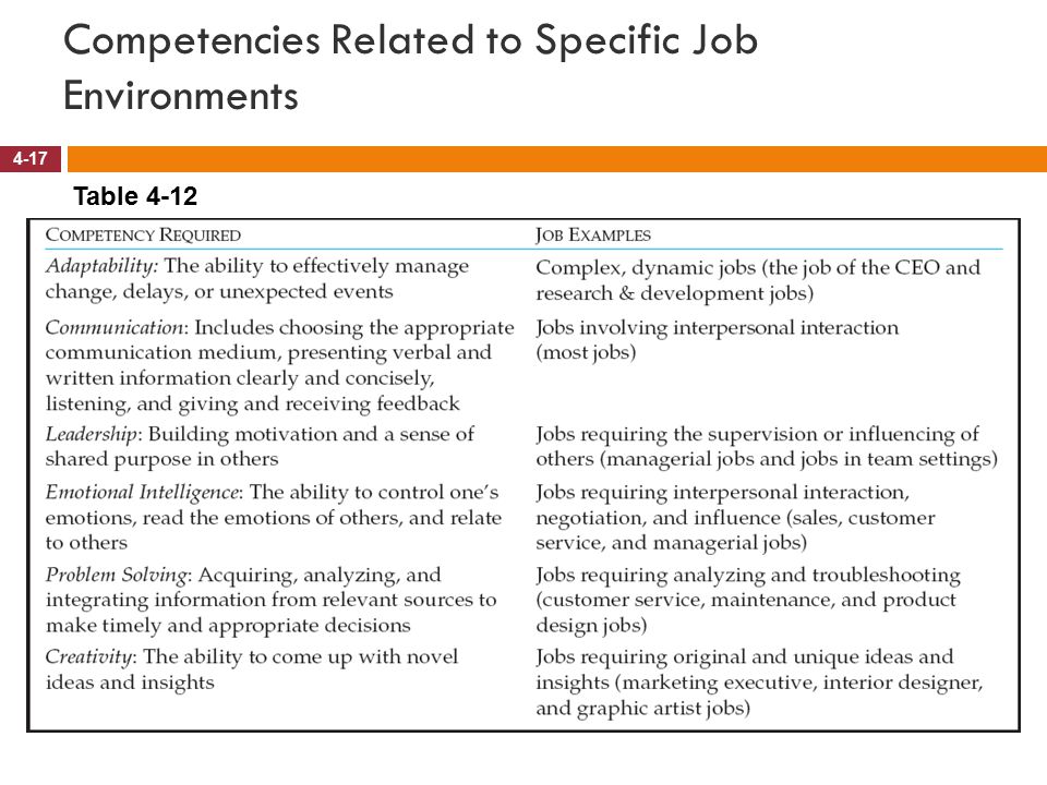 Competencies Related to Specific Job Environments