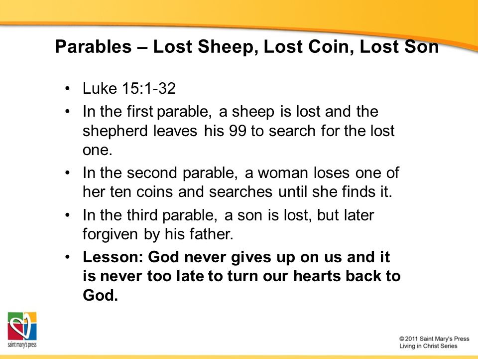Parables – Lost Sheep, Lost Coin, Lost Son