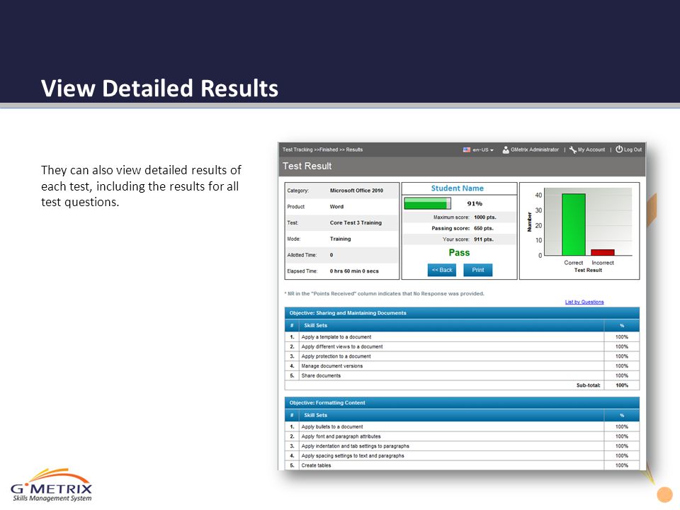 View Detailed Results They can also view detailed results of each test, including the results for all test questions.
