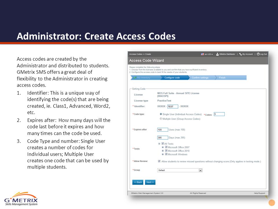Administrator: Create Access Codes