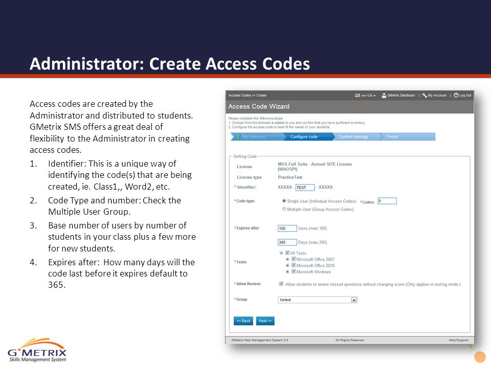 Administrator: Create Access Codes