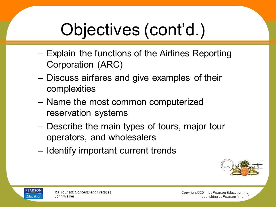 Objectives (cont’d.) Explain the functions of the Airlines Reporting Corporation (ARC) Discuss airfares and give examples of their complexities.
