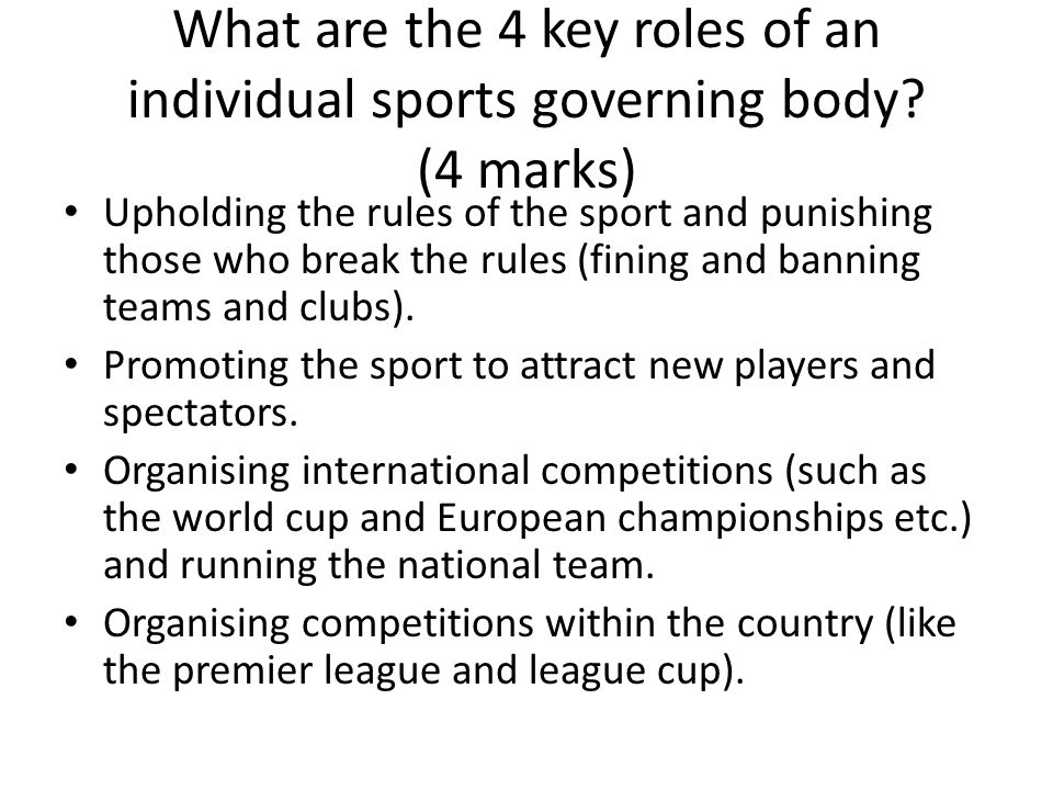 What are the 4 key roles of an individual sports governing body