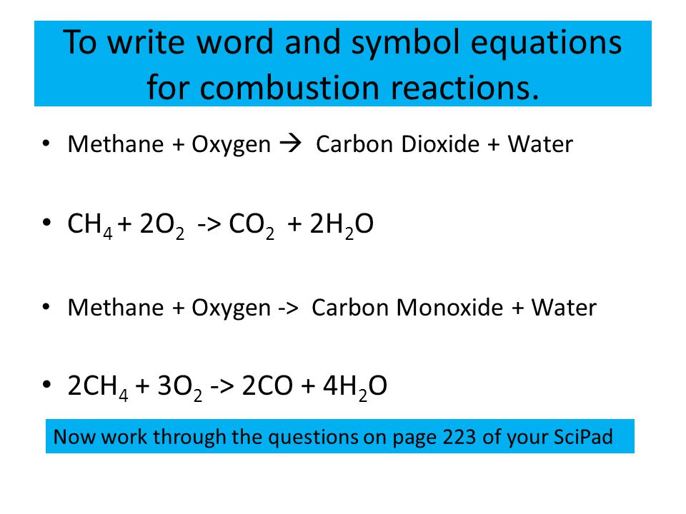 To write word and symbol equations for combustion reactions.