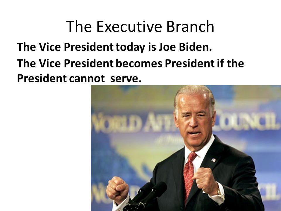 The Executive Branch The Vice President today is Joe Biden.