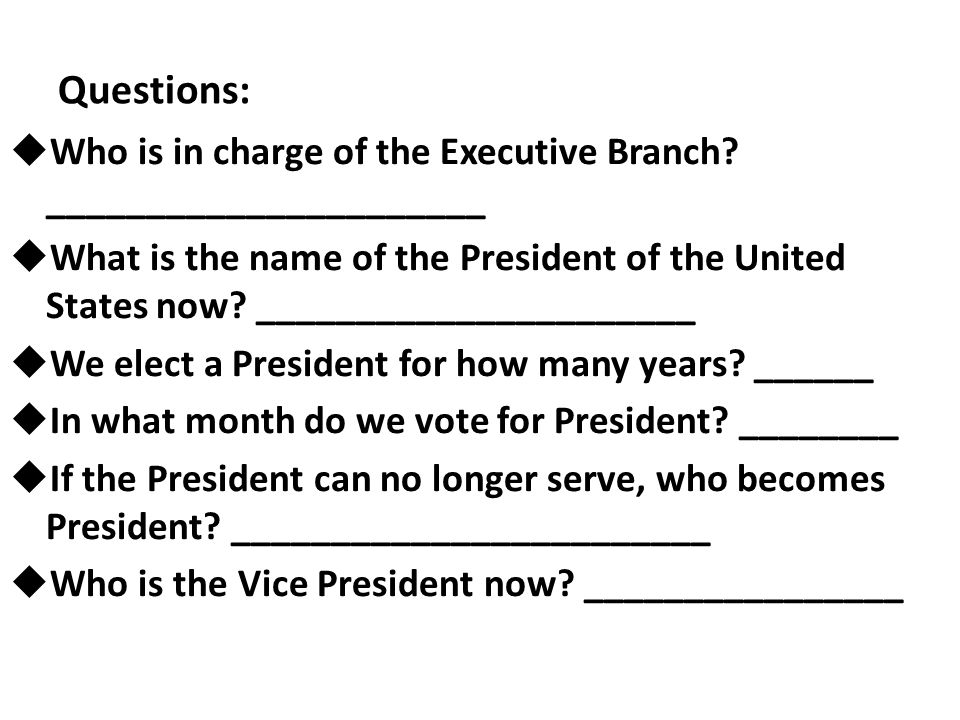 Questions: Who is in charge of the Executive Branch ______________________.