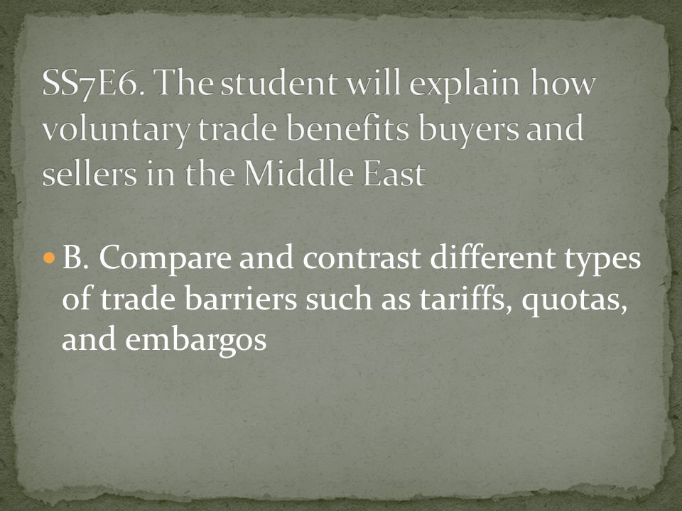 SS7E6. The student will explain how voluntary trade benefits buyers and sellers in the Middle East