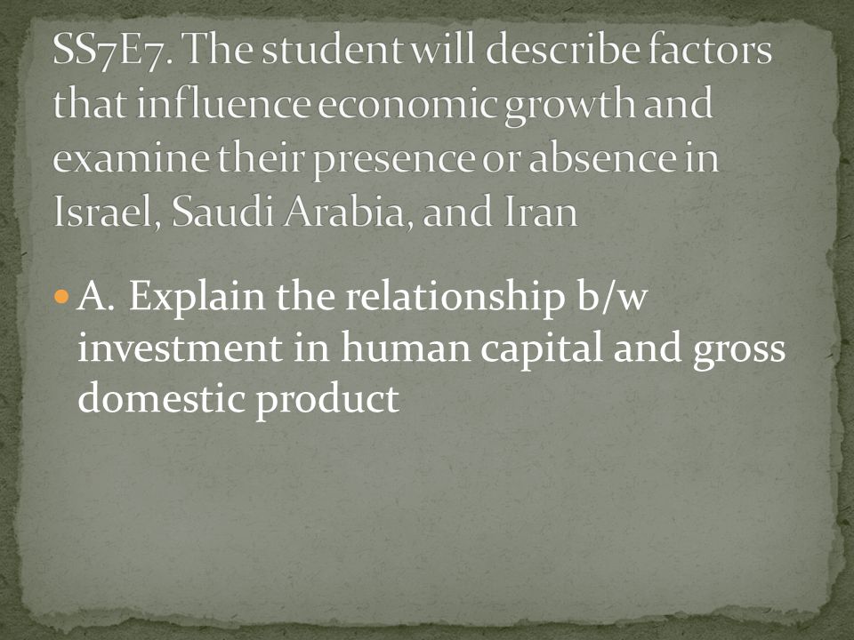 SS7E7. The student will describe factors that influence economic growth and examine their presence or absence in Israel, Saudi Arabia, and Iran