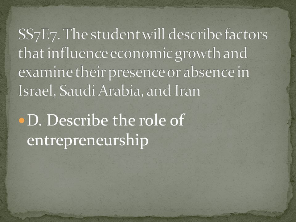 D. Describe the role of entrepreneurship