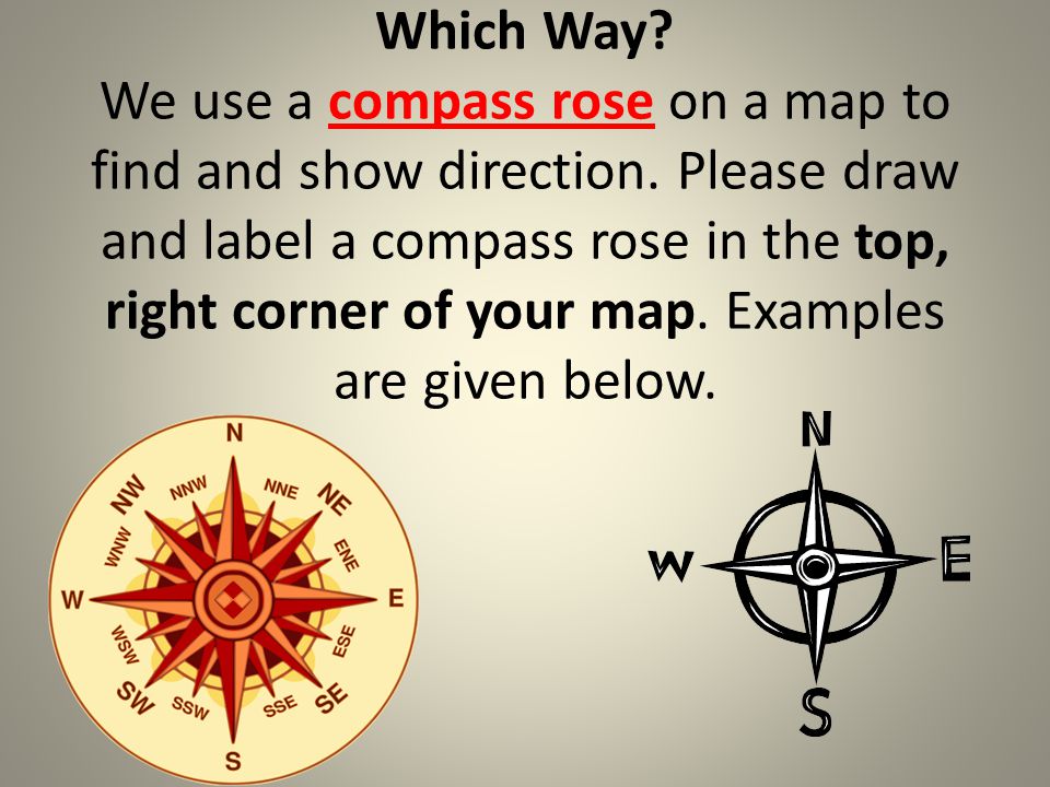 Which Way. We use a compass rose on a map to find and show direction