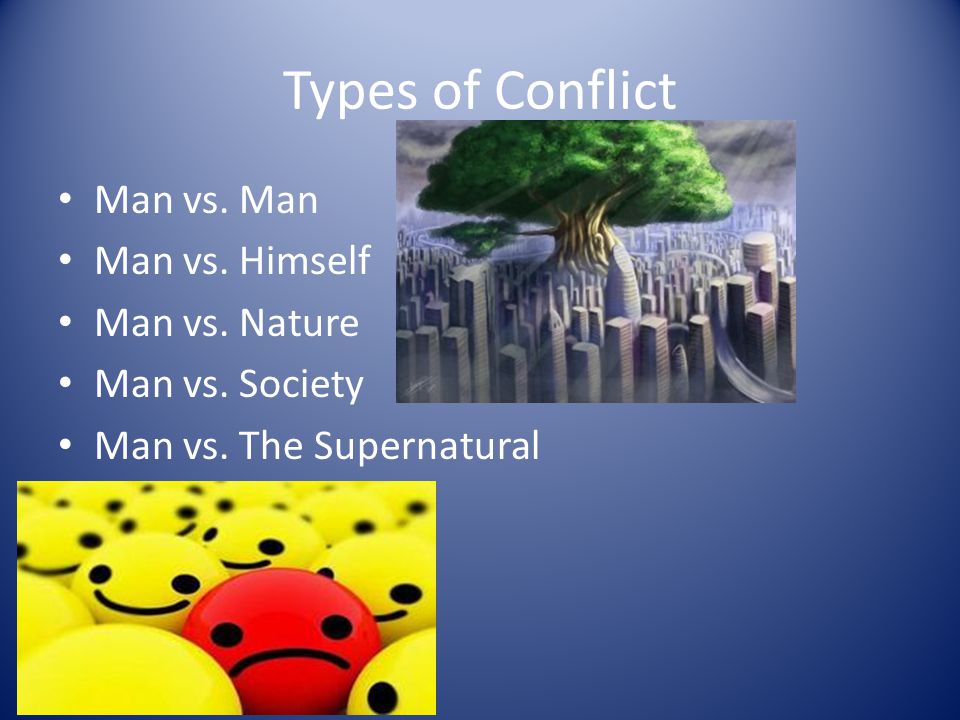 Types of Conflict Man vs. Man Man vs. Himself Man vs. Nature
