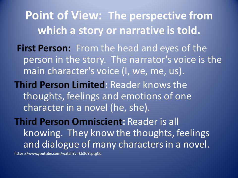Point of View: The perspective from which a story or narrative is told.