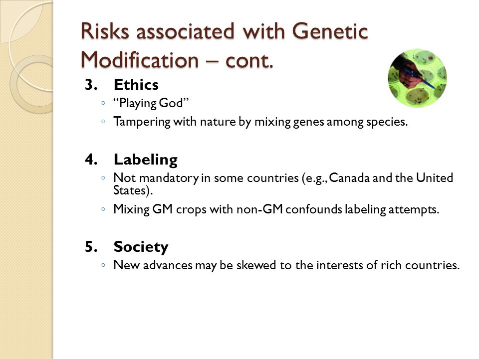 Risks associated with Genetic Modification – cont.