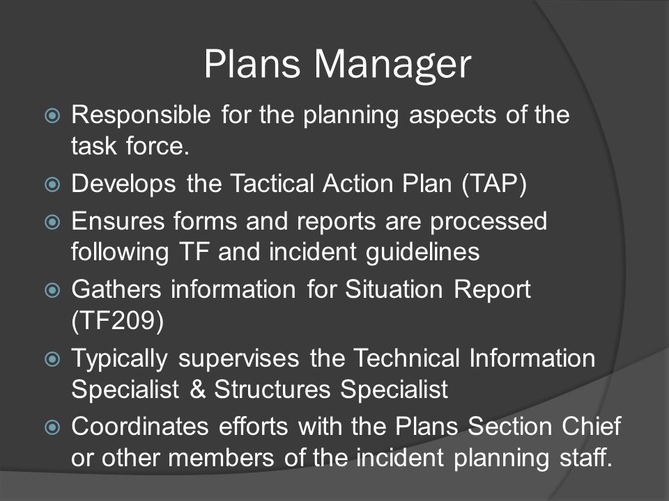 Plans Manager Responsible for the planning aspects of the task force.