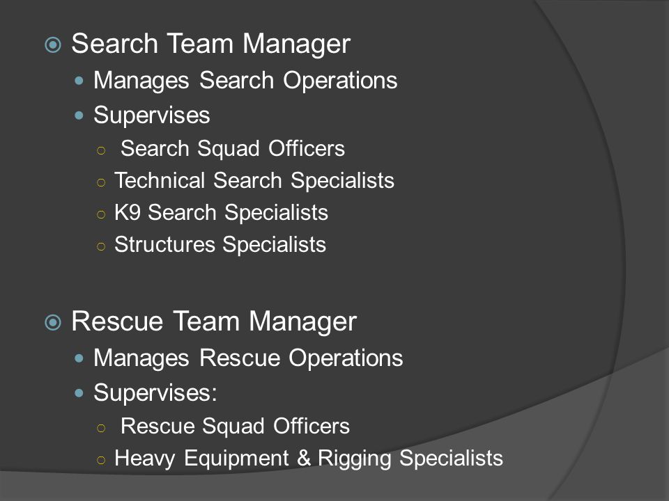 Search Team Manager Rescue Team Manager Manages Search Operations
