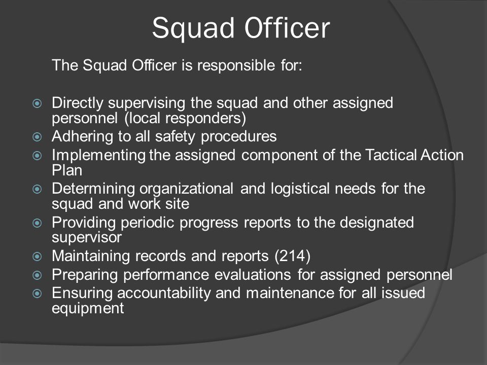 Squad Officer The Squad Officer is responsible for: