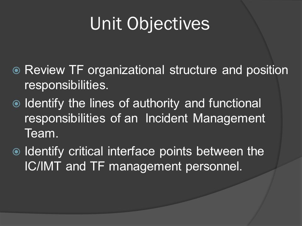 Unit Objectives Review TF organizational structure and position responsibilities.