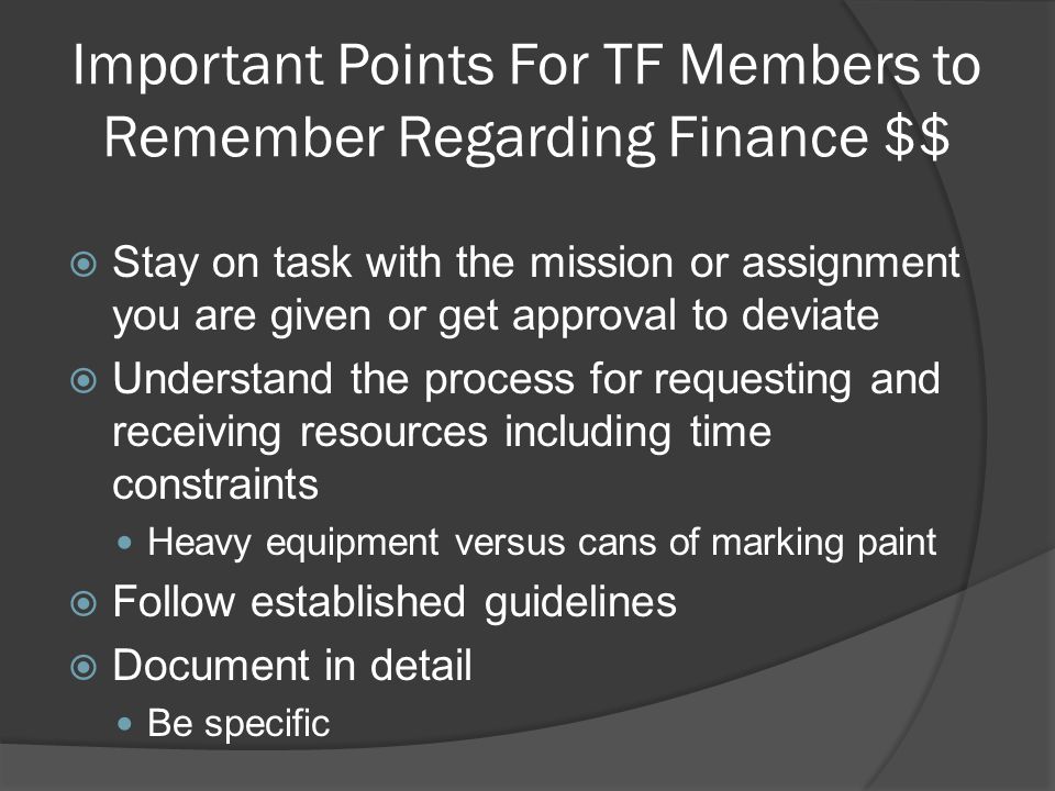 Important Points For TF Members to Remember Regarding Finance $$