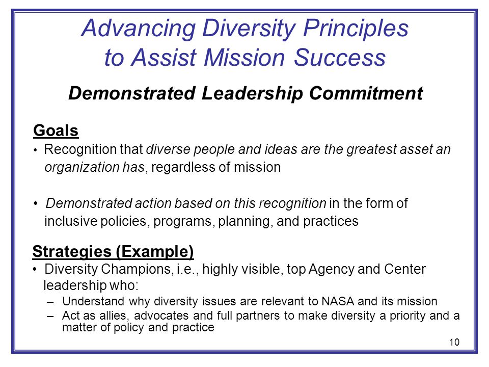 Advancing Diversity Principles to Assist Mission Success