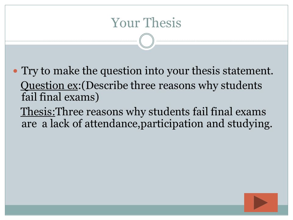 Your Thesis Try to make the question into your thesis statement.