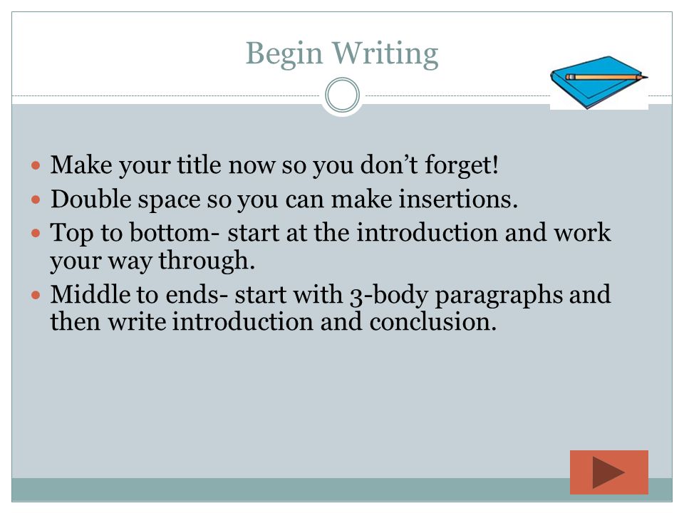 Begin Writing Make your title now so you don’t forget!