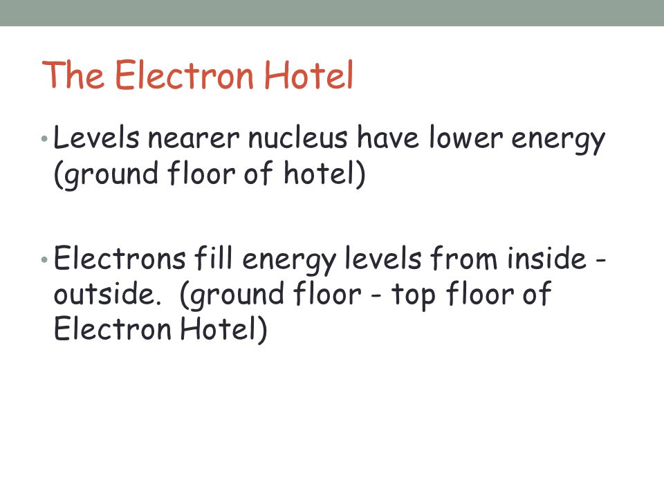 The Electron Hotel Levels nearer nucleus have lower energy (ground floor of hotel)