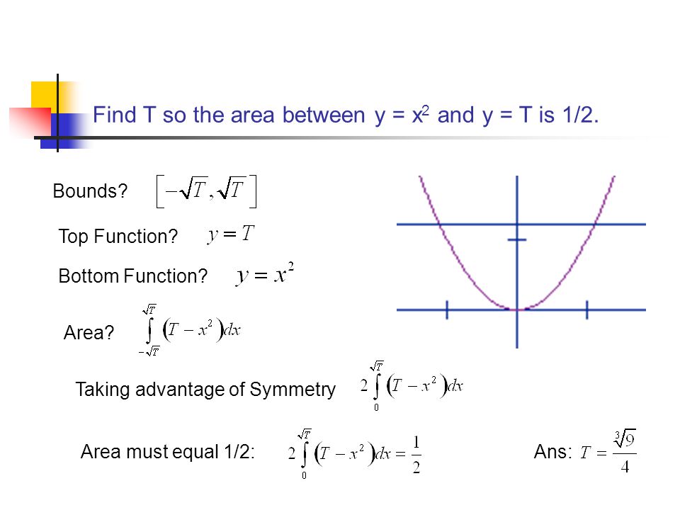 Find T so the area between y = x2 and y = T is 1/2.