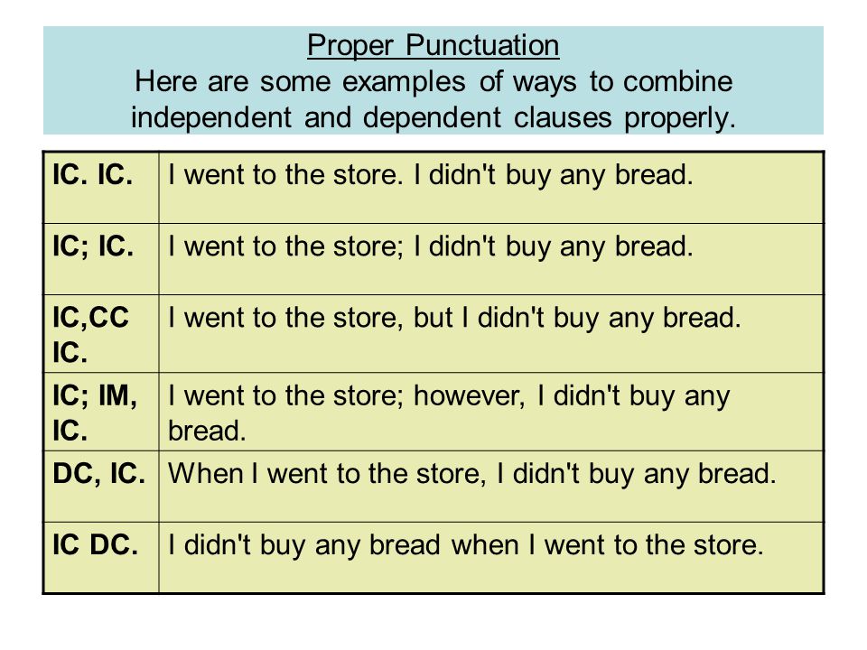 Proper Punctuation Here are some examples of ways to combine independent and dependent clauses properly.