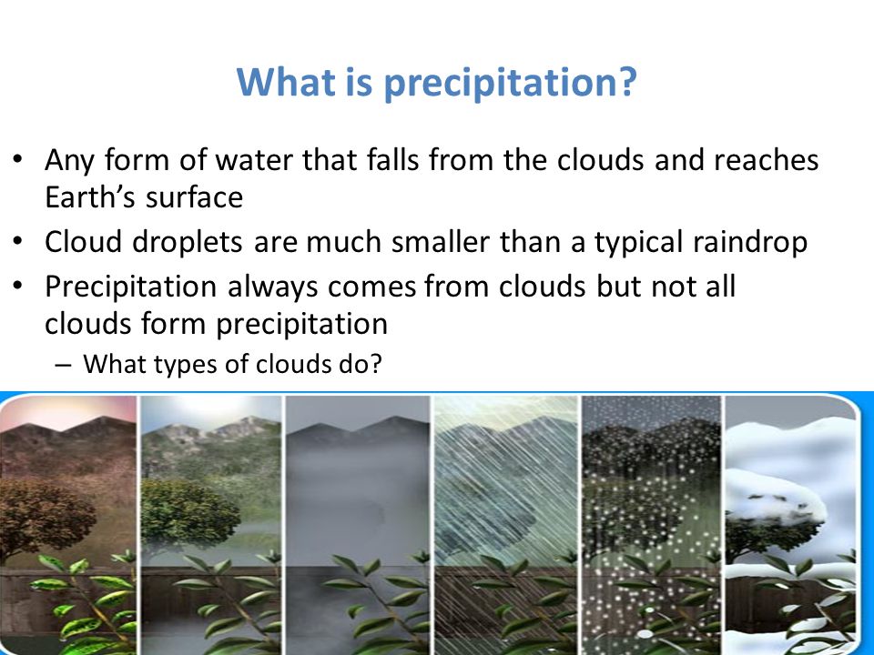 What is precipitation Any form of water that falls from the clouds and reaches Earth’s surface.