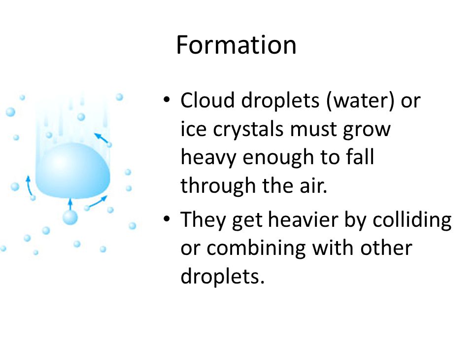 Formation Cloud droplets (water) or ice crystals must grow heavy enough to fall through the air.