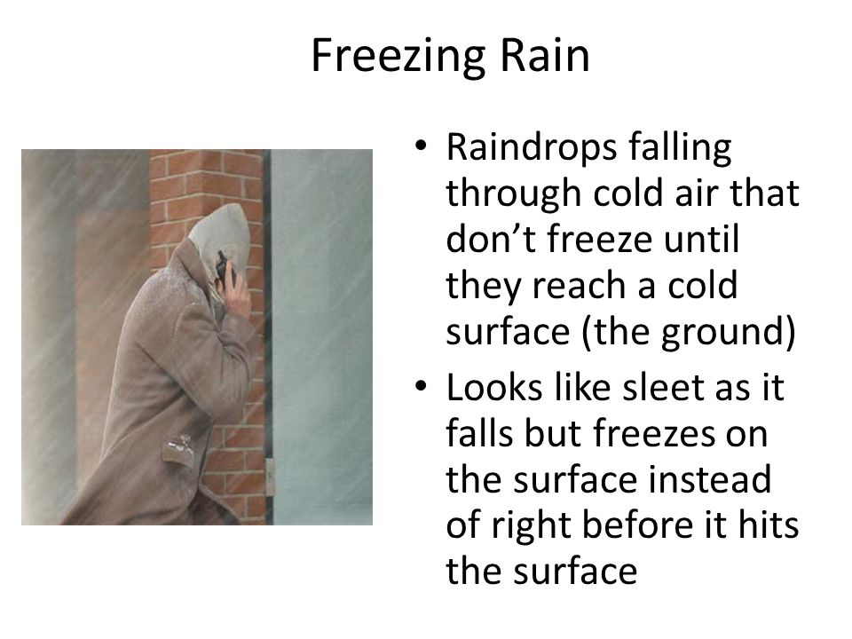 Freezing Rain Raindrops falling through cold air that don’t freeze until they reach a cold surface (the ground)