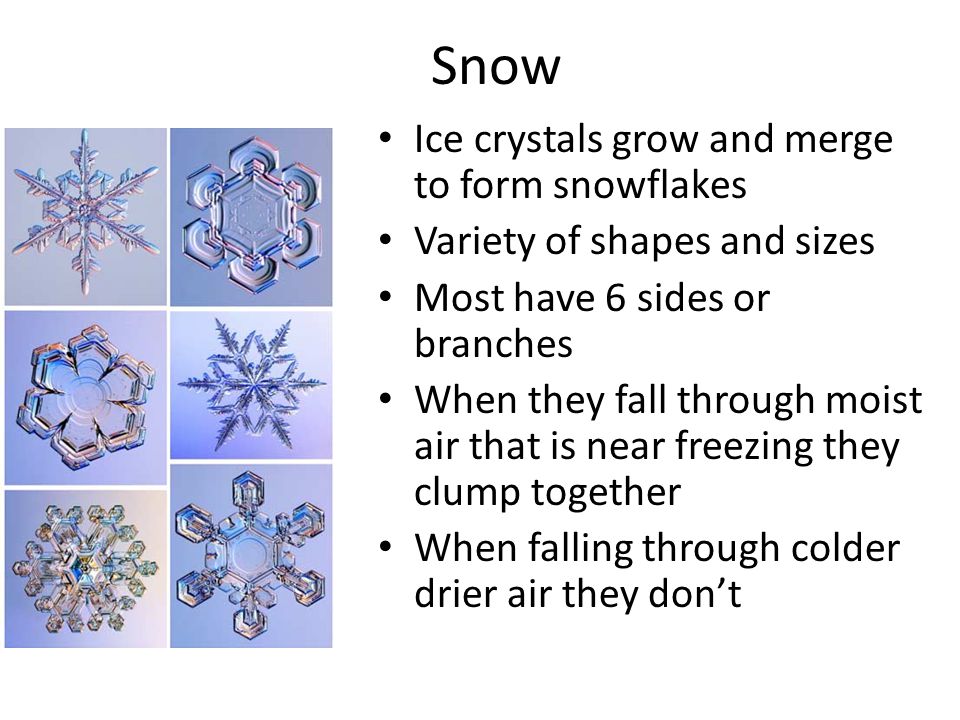 Snow Ice crystals grow and merge to form snowflakes