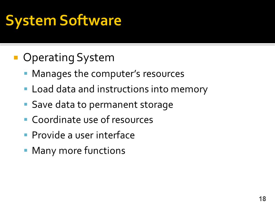 System Software Operating System Manages the computer’s resources