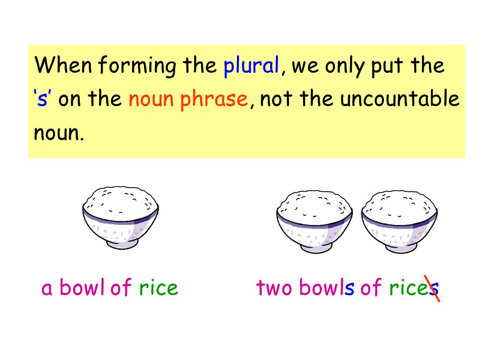 When forming the plural, we only put the ‘s’ on the noun phrase, not the uncountable noun.