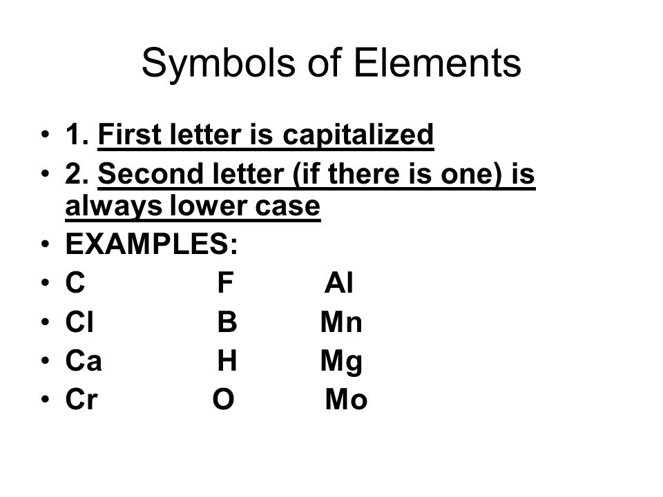 Symbols of Elements 1. First letter is capitalized