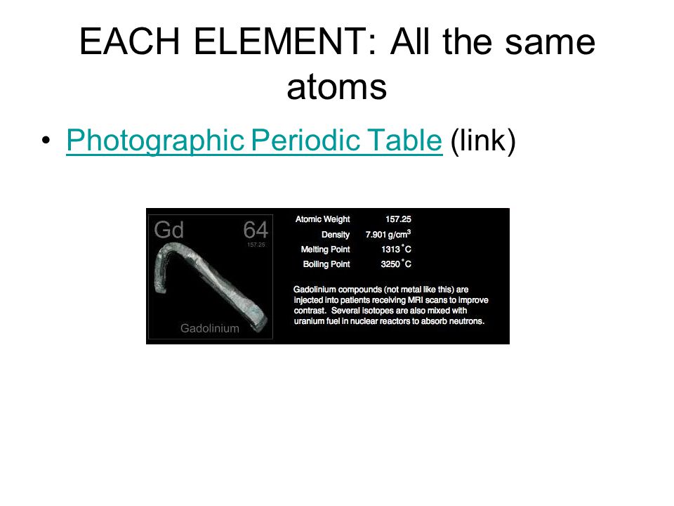 EACH ELEMENT: All the same atoms