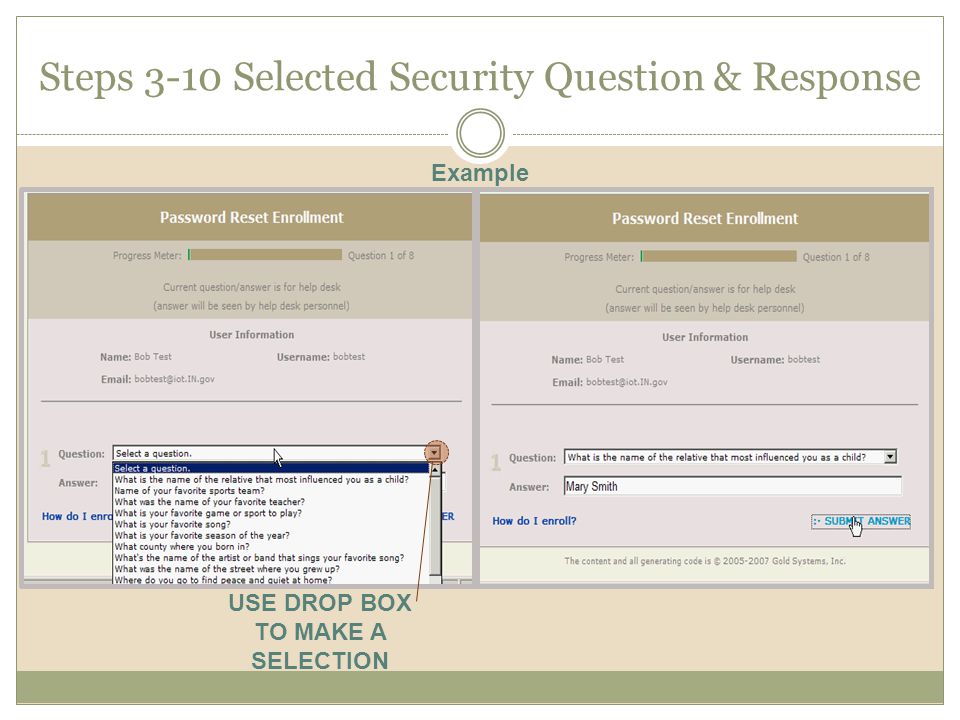 Steps 3-10 Selected Security Question & Response