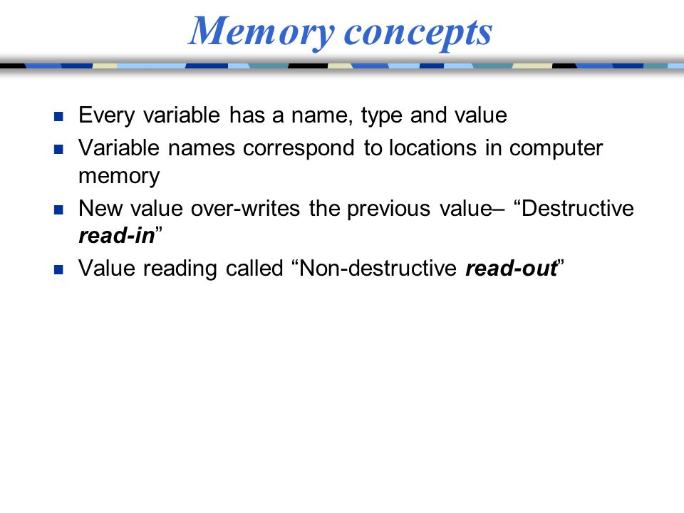 Memory concepts Every variable has a name, type and value