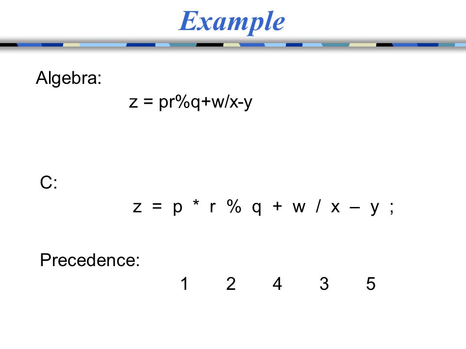 Example Algebra: z = pr%q+w/x-y C: z = p * r % q + w / x – y ;