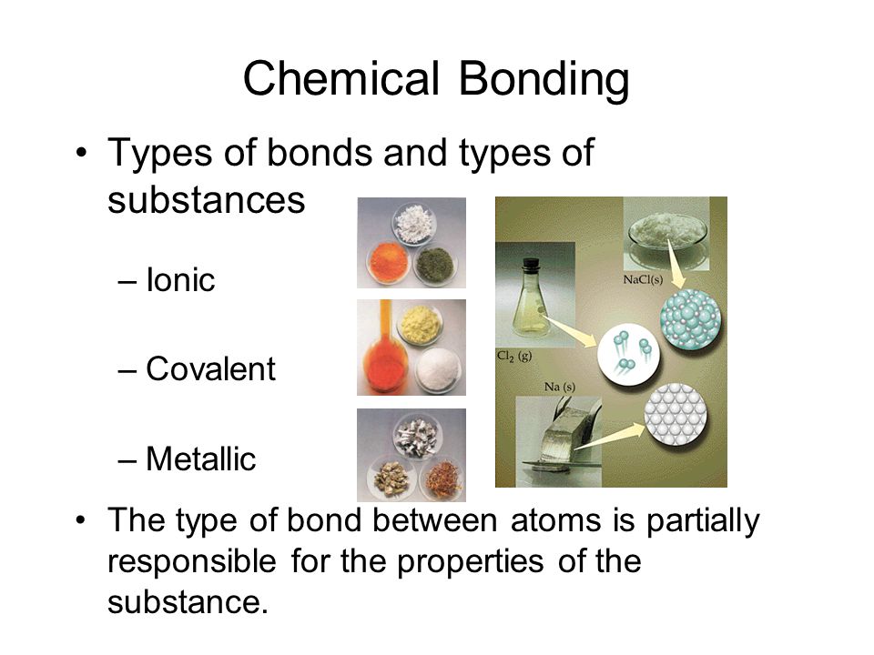 Chemical Bonding Types of bonds and types of substances Ionic Covalent