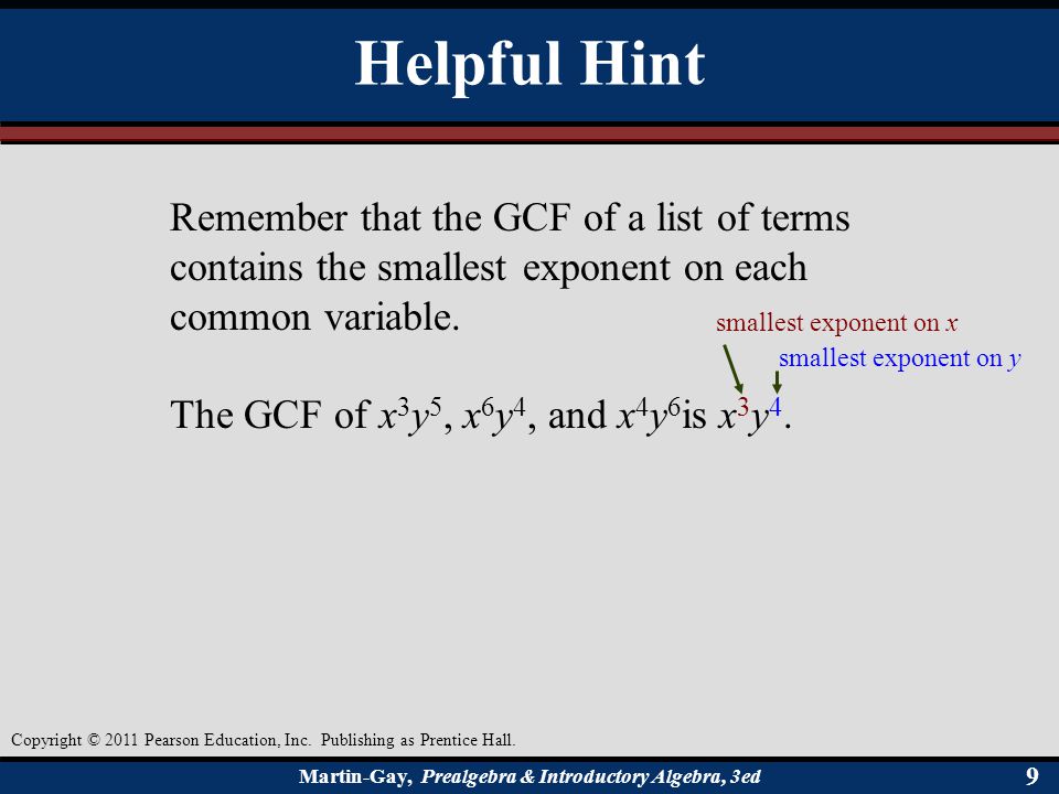 Helpful Hint Remember that the GCF of a list of terms contains the smallest exponent on each common variable.