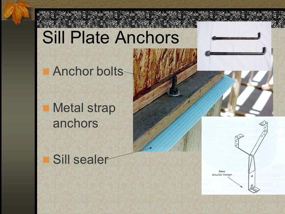 Sill Plate Anchors Anchor bolts Metal strap anchors Sill sealer