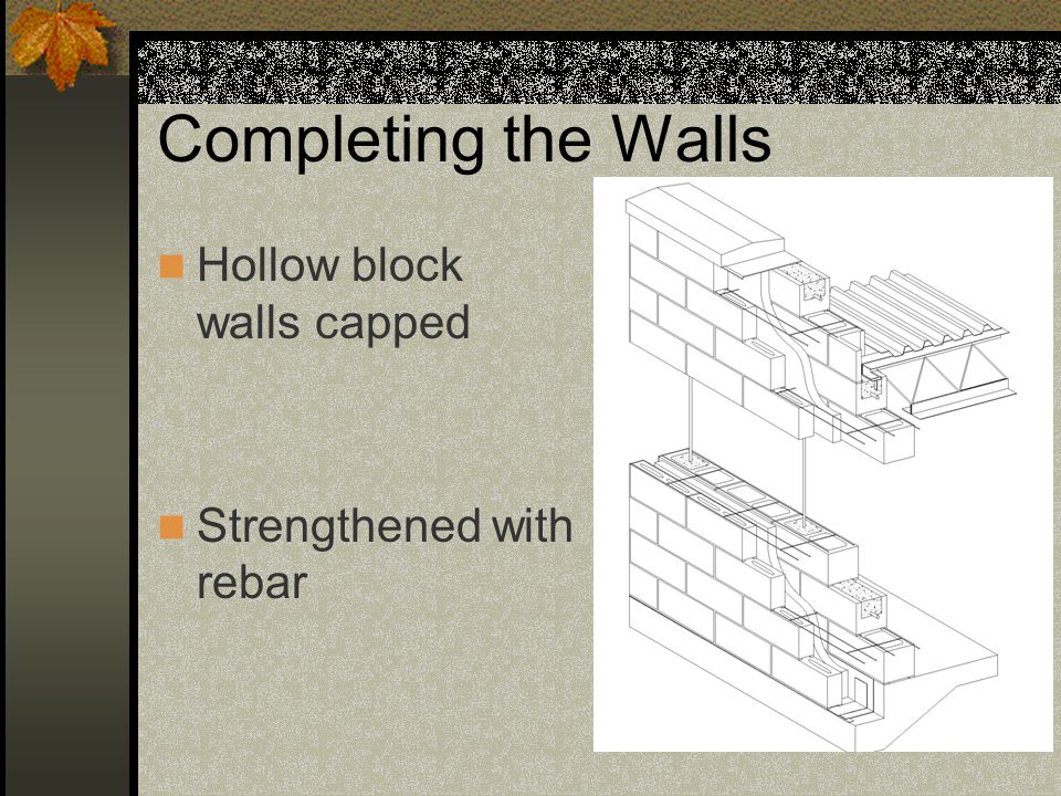 Completing the Walls Hollow block walls capped Strengthened with rebar