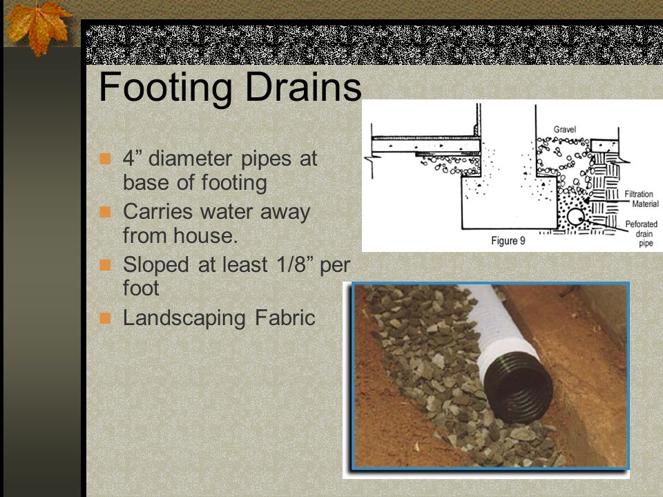 Footing Drains 4 diameter pipes at base of footing